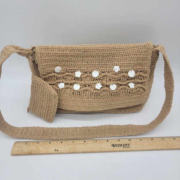 Tan Handbag with Applique Crochet Shoulder Bag Matching Attached Coin Purse - Picture 4 of 12